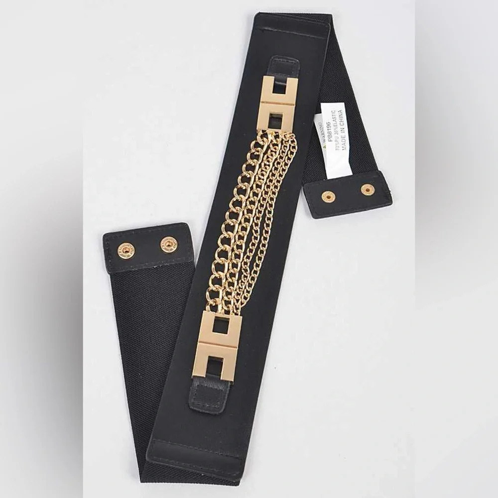 Black Waist Belt with Gold Chain Accent (3 Colors)